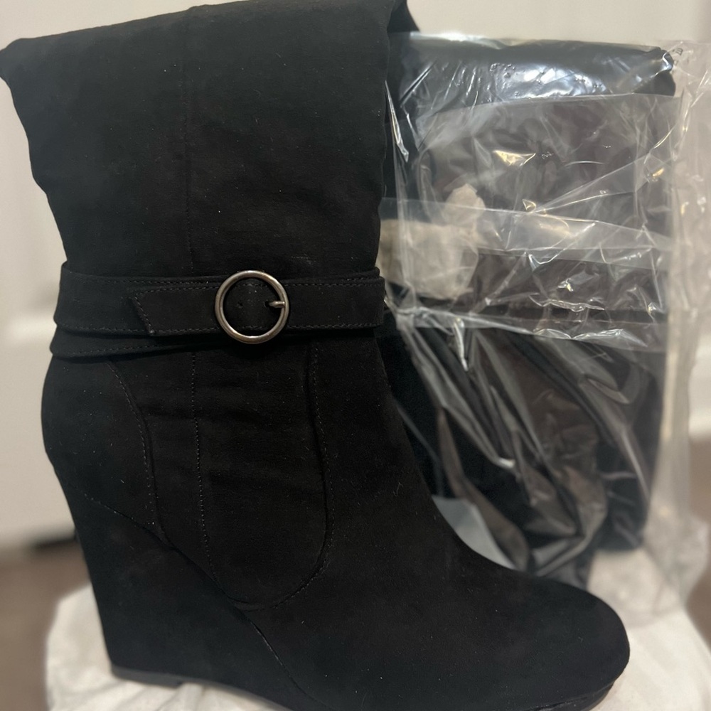 JustFab Black Heeled Boots with Buckle Detail